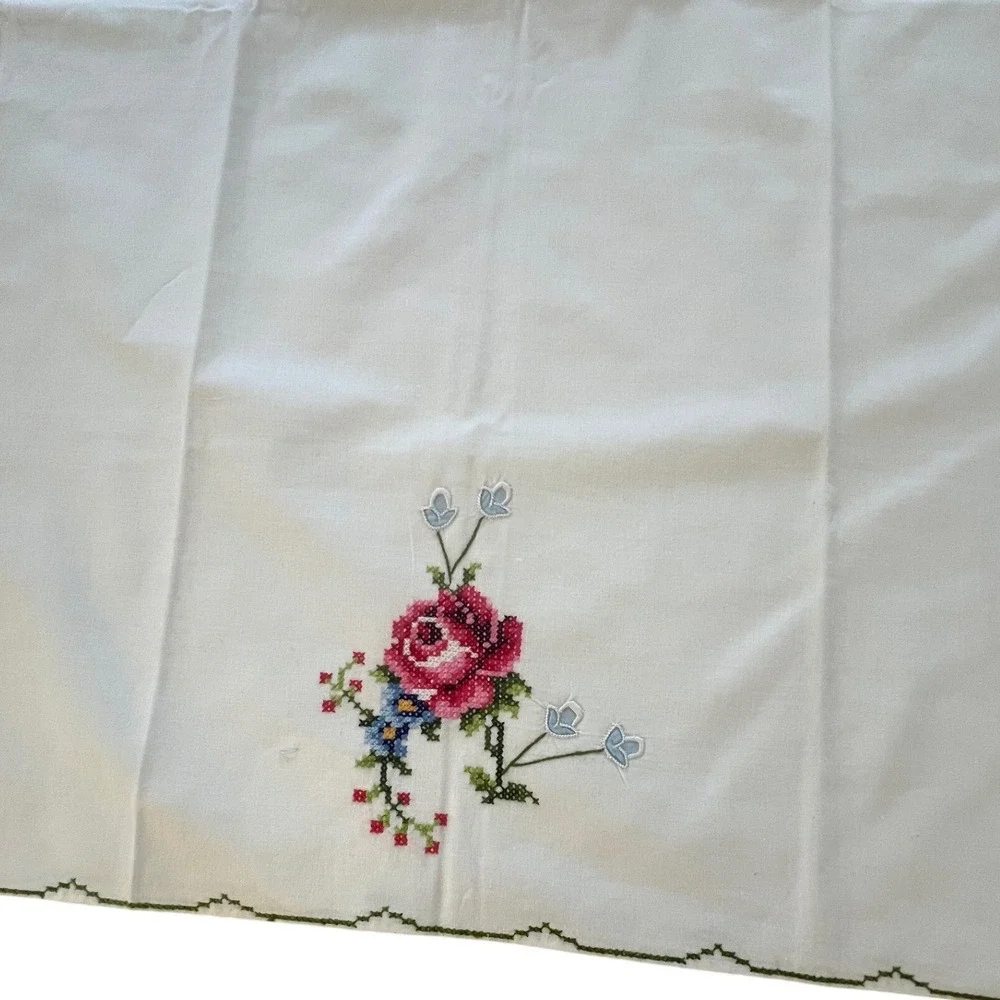 Vintage Cross Stitch Rose Pillowcase Pair White Cotton Floral Embroidery Cottage